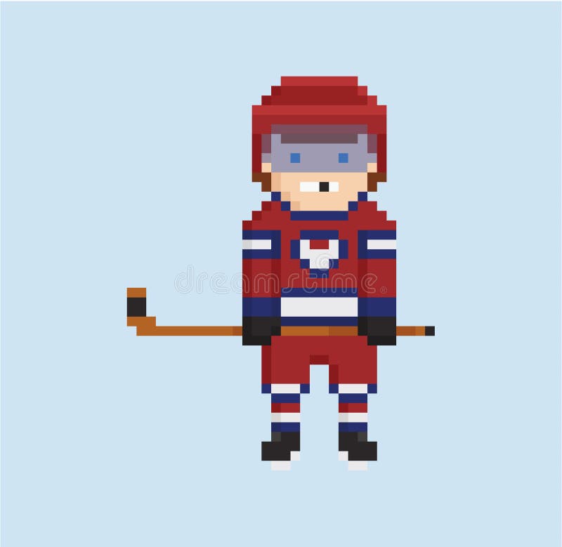 Pixel art style illustration shows hockey player in red, white and blue uniform isolated on light blue. Pixel art style illustration shows hockey player in red, white and blue uniform isolated on light blue