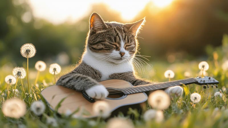 Η γάτα Serene tabby παίζει ακουστική κιθάρα στο γήπεδο dandelion διανυσματική απεικόνιση