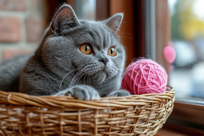 Η γαλάζια γαλάζια Βρετανίδα γάτα Shorthair απολαμβάνει ηλιόλουστο απόγευμα σε εσωτερικούς χώρους με νήμα στοκ εικόνες με δικαίωμα ελεύθερης χρήσης