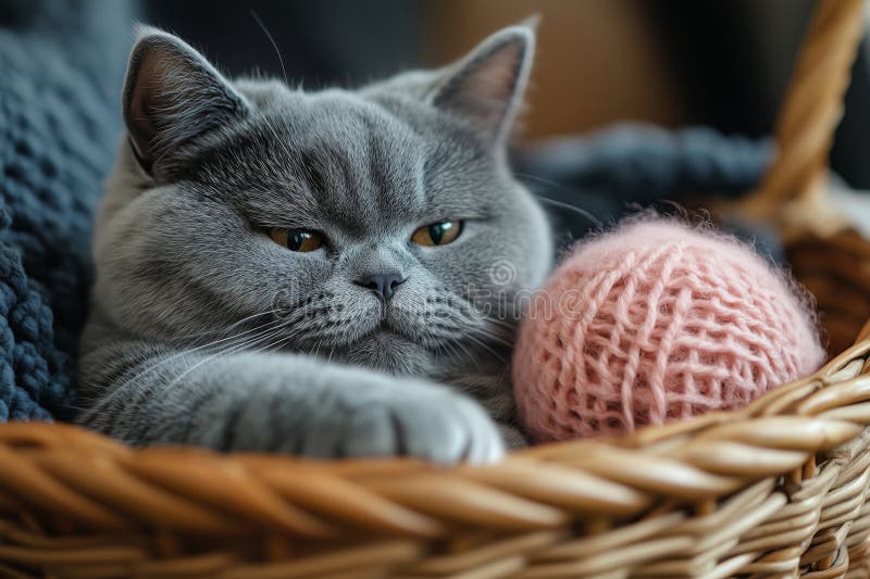 Η γαλάζια γαλάζια Βρετανίδα γάτα Shorthair εξερευνά ροζ νήμα σε ένα ζεστό καλάθι στοκ φωτογραφίες