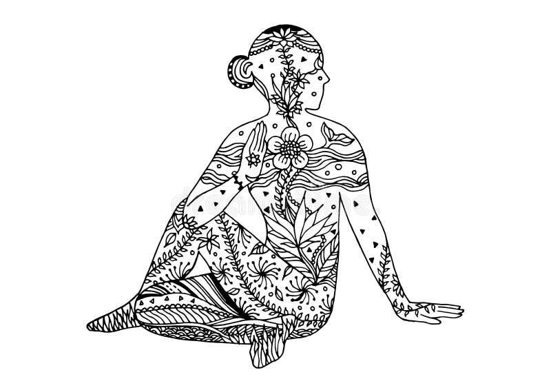 Yoga Seated Half Spinal Twist pose 7 chakra vector flower floral leaf hand drawing zentangle illustration design Ardha Matsyendrasana. Yoga Seated Half Spinal Twist pose 7 chakra vector flower floral leaf hand drawing zentangle illustration design Ardha Matsyendrasana