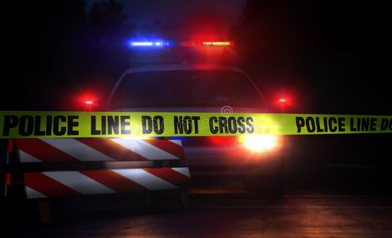 Police patrol car with police line warning sign at night. Police patrol car with police line warning sign at night