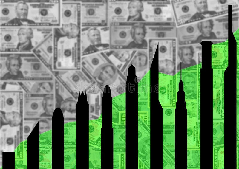 Skyscraper silhouettes and green graph on American dollars illustration. Skyscraper silhouettes and green graph on American dollars illustration