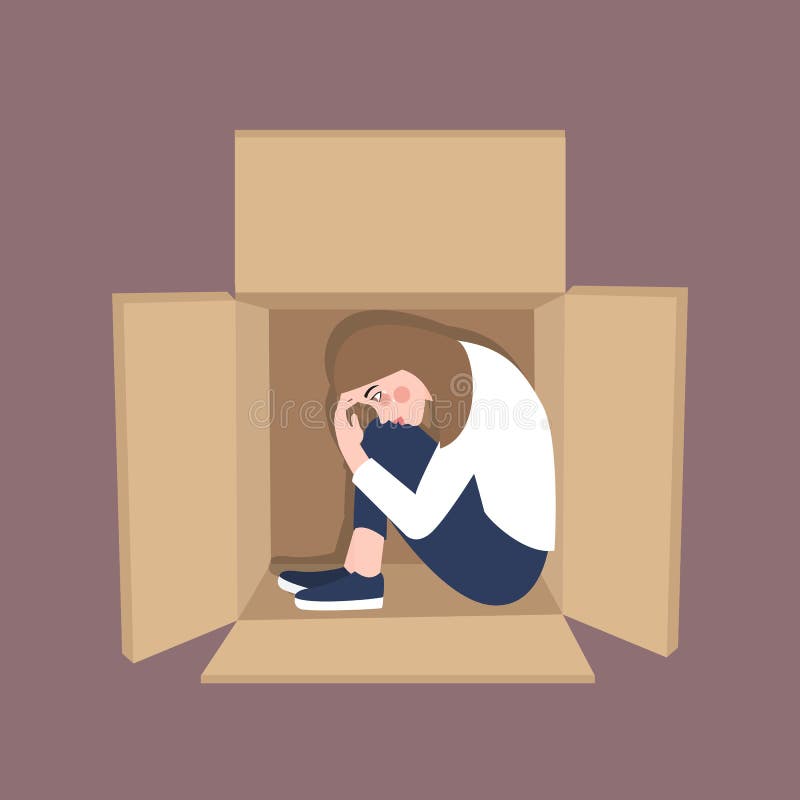 The woman is in the mood for stressed frustation feeling alone inside box cardboard vector. The woman is in the mood for stressed frustation feeling alone inside box cardboard vector