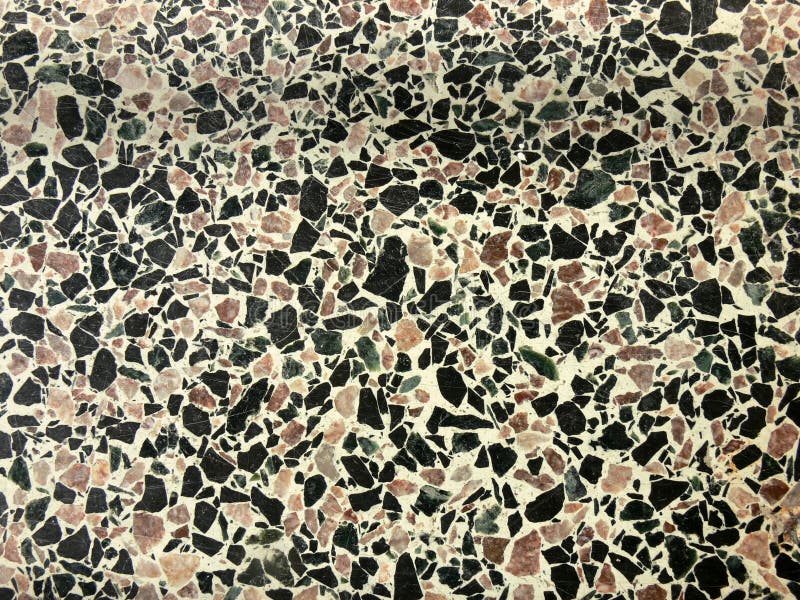 Black white and brown terrazzo composite marble flooring in 1950s bathroom. Black white and brown terrazzo composite marble flooring in 1950s bathroom