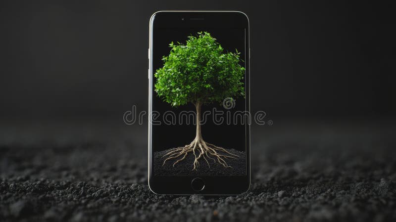 Η εικόνα ενός smartphone με ρίζες δέντρου ενσωματώνει την τομή της φύσης και της τεχνολογίας στοκ εικόνα