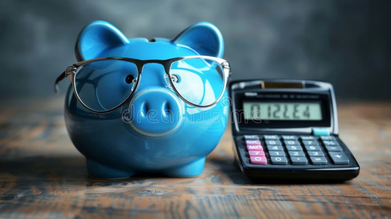 Η εικόνα που δημιουργήθηκε από το Blue Piggis BankAI. Ένα μπλε κουμπαράκι που φοράει γυαλιά δίπλα σε μια αριθμομηχανή σε ένα ξύλινο τραπέζι. εικόνα παραγόμενη από AI.