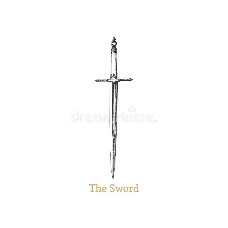 The Sword, vector illustration in engraving style. Drawn sketch of Middle Ages weapon. Vintage pastiche of esoteric and occult sign, mystical symbol. The Sword, vector illustration in engraving style. Drawn sketch of Middle Ages weapon. Vintage pastiche of esoteric and occult sign, mystical symbol.