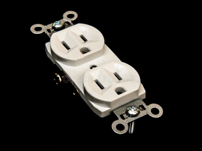 American standard 110 volt electric wall power outlet socket plug receptacle with ground and polarized electrical connections. White isolated on black. American standard 110 volt electric wall power outlet socket plug receptacle with ground and polarized electrical connections. White isolated on black.