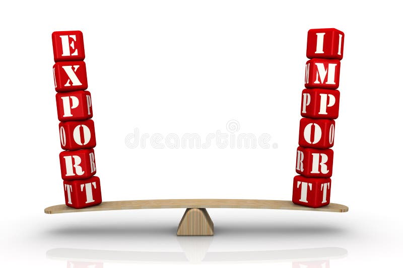 The words EXPORT and IMPORT, made of red bricks, are weighed on the scales. Financial concept. Isolated. 3D Illustration. The words EXPORT and IMPORT, made of red bricks, are weighed on the scales. Financial concept. Isolated. 3D Illustration