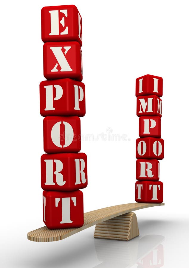 The words EXPORT and IMPORT, made of red bricks, are weighed on the scales. Financial concept. Isolated. 3D Illustration. The words EXPORT and IMPORT, made of red bricks, are weighed on the scales. Financial concept. Isolated. 3D Illustration