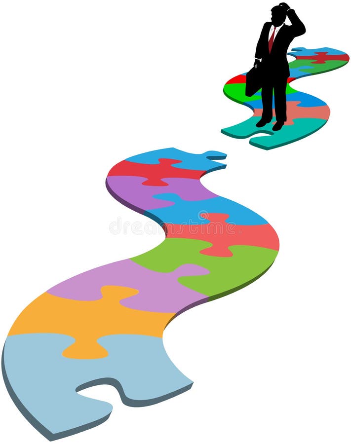 Puzzled business person silhouette find searches for missing piece in jigsaw puzzle path. Puzzled business person silhouette find searches for missing piece in jigsaw puzzle path