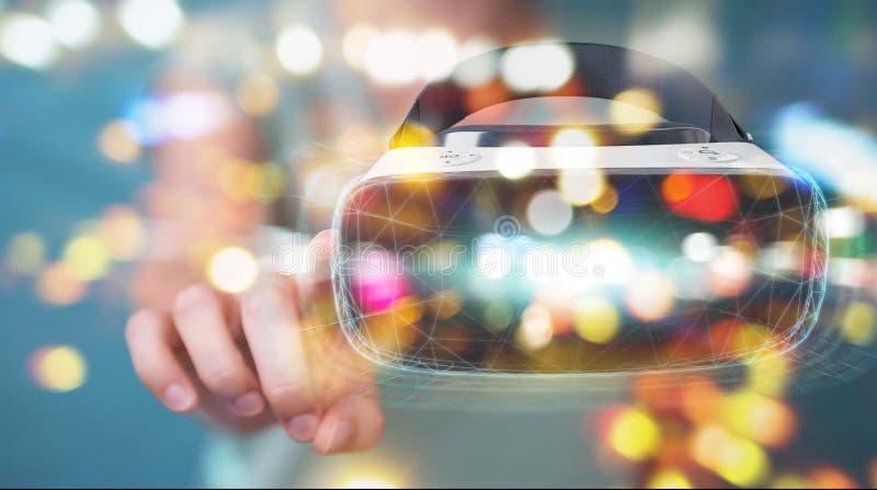 Businesswoman on blurred background using virtual reality glasses technology 3D rendering. Businesswoman on blurred background using virtual reality glasses technology 3D rendering