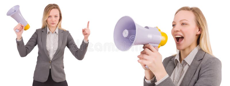 Η επιχειρηματίας το bullhorn που απομονώνεται με στο λευκό στοκ εικόνες με δικαίωμα ελεύθερης χρήσης