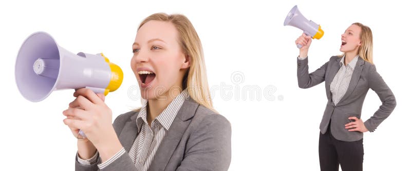Η επιχειρηματίας το bullhorn που απομονώνεται με στο λευκό στοκ εικόνα