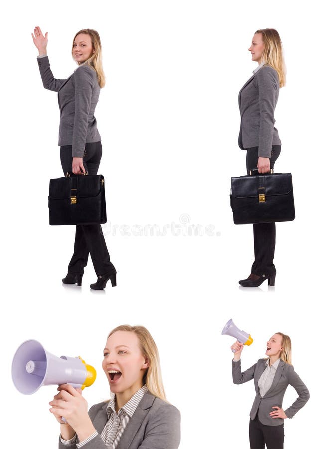 Η επιχειρηματίας το bullhorn που απομονώνεται με στο λευκό