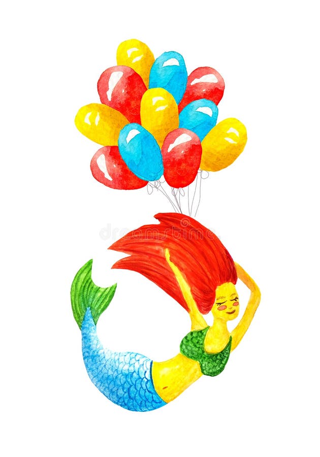 Watercolor greeting card with a bouquet of multicolored gel balls and a mermaid with red hair, green tail swims around, smiles, gets pleasure on a white background isolated. Watercolor greeting card with a bouquet of multicolored gel balls and a mermaid with red hair, green tail swims around, smiles, gets pleasure on a white background isolated