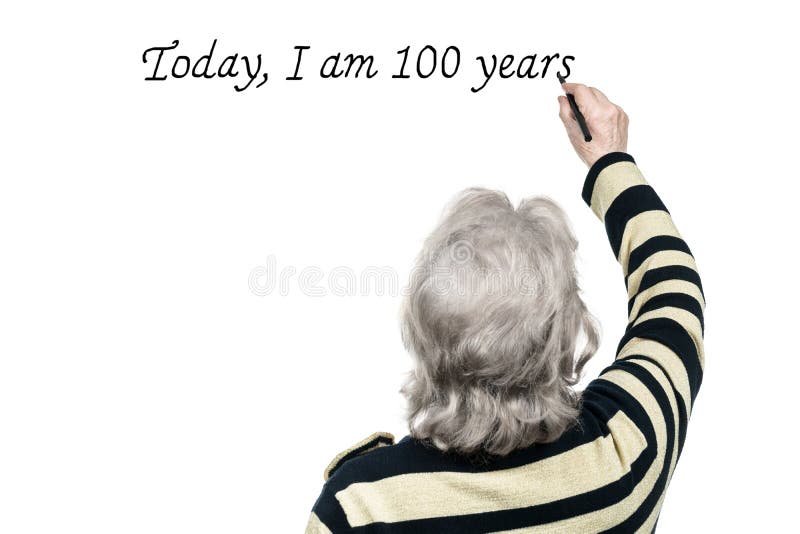 Gray-haired old woman writing on a wall: today, I am 100 years, isolated on a white background. Gray-haired old woman writing on a wall: today, I am 100 years, isolated on a white background