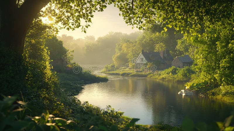 Η θέα του ποταμού Serene περικυκλωμένη από το Lush Greenery και το απαλό πρωϊνό φως διανυσματική απεικόνιση