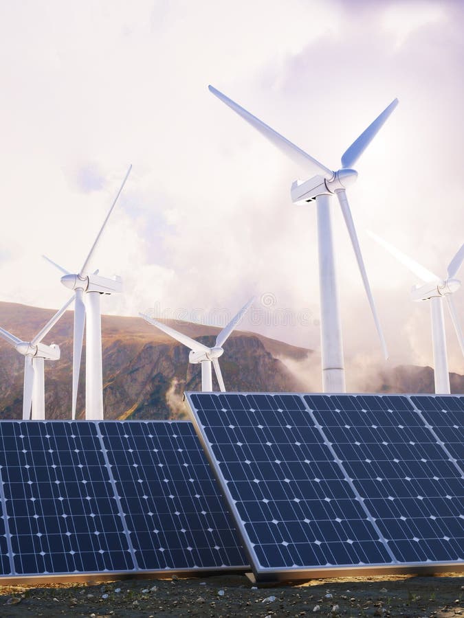 Ηλιακές γεννήτριες δύναμης και αέρα Eco στοκ εικόνες
