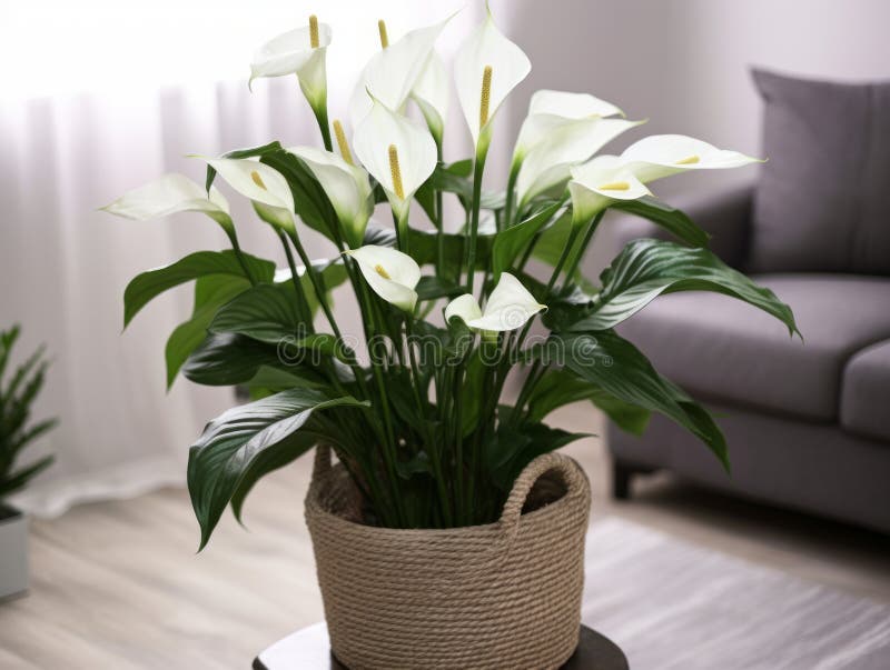 Calla lilies in a planter basket standing in a living room with a grey sofa and a rug on the floor, AI-generated. Calla lilies in a planter basket standing in a living room with a grey sofa and a rug on the floor, AI-generated