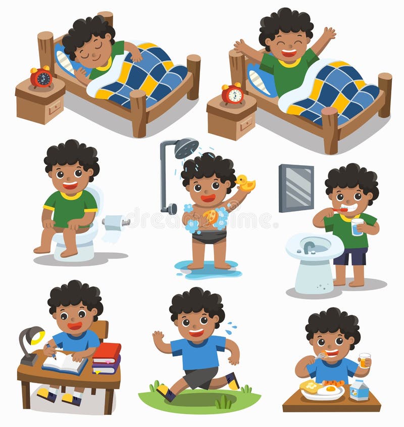 Isolated vector. The daily routine of African american boy on a white background. [sleep, wake up, eat, sitting on the toilet, running, brush teeth, take a shower and reading ]. Isolated vector. The daily routine of African american boy on a white background. [sleep, wake up, eat, sitting on the toilet, running, brush teeth, take a shower and reading ]