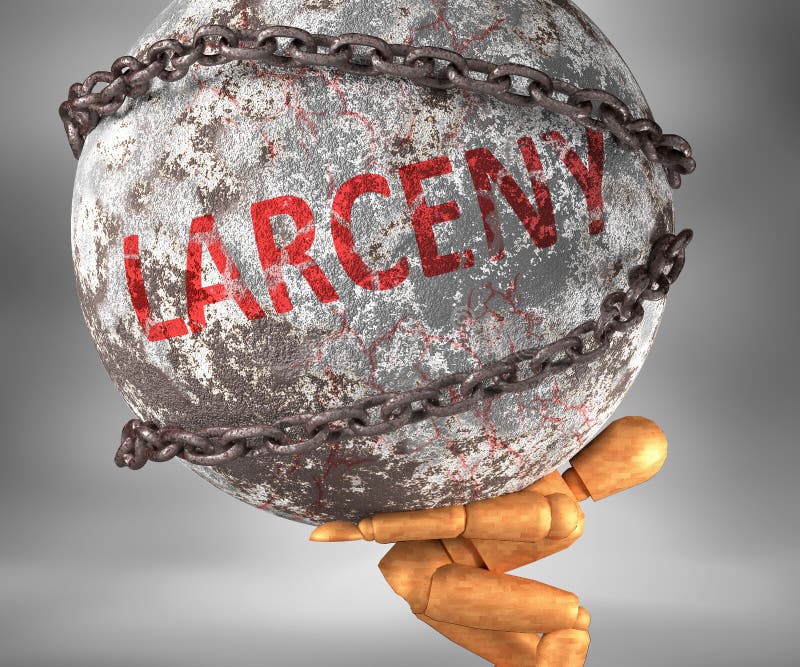 Larceny and hardship in life - pictured by word Larceny as a heavy weight on shoulders to symbolize Larceny as a burden, 3d illustration. Larceny and hardship in life - pictured by word Larceny as a heavy weight on shoulders to symbolize Larceny as a burden, 3d illustration.