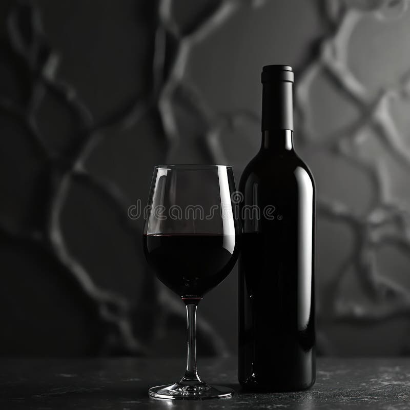 Η κομψή απεικόνιση παρουσιάζει ένα μπουκάλι και ένα ποτήρι κόκκινο κρασί. Το σκούρο φόντο τονίζει τον πλούτο του ποτού. Άδειο ποτή ελεύθερη απεικόνιση δικαιώματος