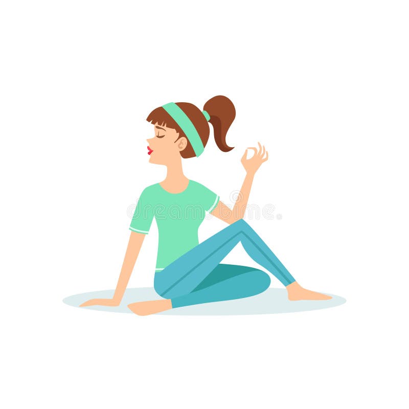 Half Twist Ardha Matsyendrasana Yoga Pose Demonstrated By The Girl Cartoon Yogi With Ponytail In Blue Sportive Clothing Vector Illustration. Part Of Collection Of Yoga Asana Postures Drawing With Young Woman In Training Outfit. Half Twist Ardha Matsyendrasana Yoga Pose Demonstrated By The Girl Cartoon Yogi With Ponytail In Blue Sportive Clothing Vector Illustration. Part Of Collection Of Yoga Asana Postures Drawing With Young Woman In Training Outfit