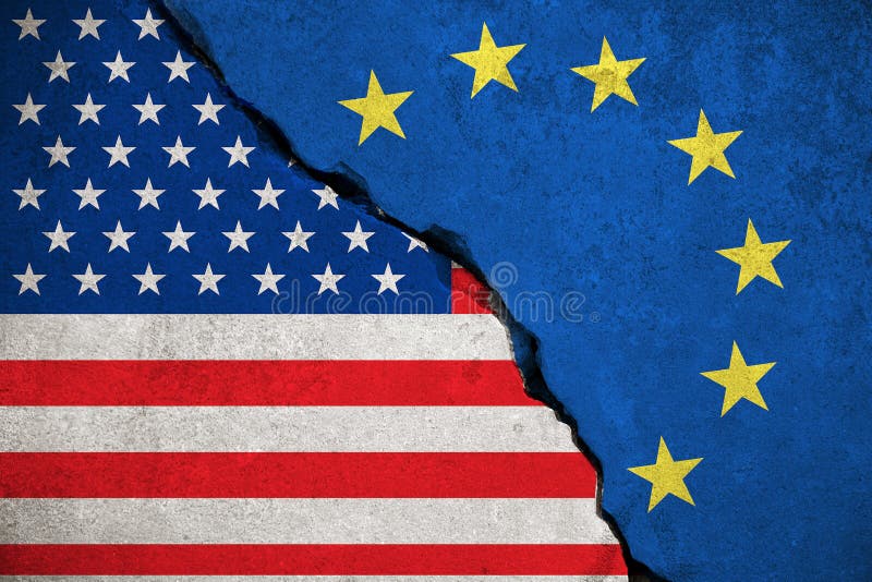 Η μπλε σημαία της ΕΕ ευρωπαϊκών ενώσεων στο σπασμένο τοίχο και οι μισές ΗΠΑ Ηνωμένες Πολιτείες της Αμερικής σημαιοστολίζουν, Πρόε στοκ εικόνα Η μπλε σημαία της ΕΕ ευρωπαϊκών ενώσεων στο σπασμένο τοίχο και οι μισές ΗΠΑ Ηνωμένες Πολιτείες της Αμερικής σημαιοστολίζουν, Πρόε στοκ εικόνα