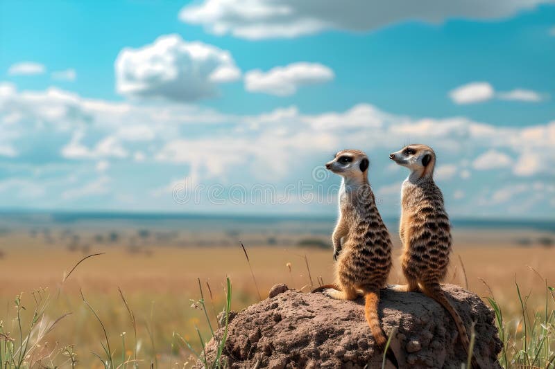 Concept Wildlife Photography, African Savanna, Meerkat Family, Animal Behavior, Nature Observation Meerkat family watches for danger in vast African savanna near their burrow. Concept Wildlife Photography, African Savanna, Meerkat Family, Animal Behavior, Nature Observation Meerkat family watches for danger in vast African savanna near their burrow