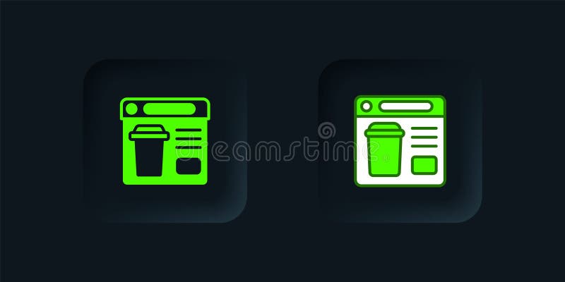 Η παραγγελία Green Online και το εικονίδιο παροχής γρήγορης τροφής απομονωμένα σε μαύρο φόντο. Μαύρο τετράγωνο κουμπί. Διάνυσμα διανυσματική απεικόνιση