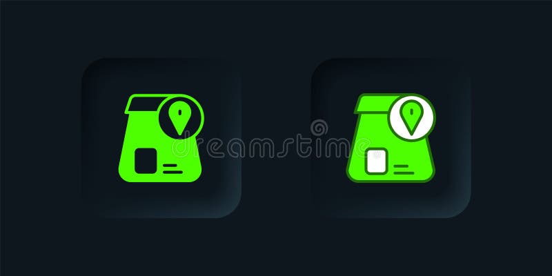 Η παραγγελία Green Online και το εικονίδιο παροχής γρήγορης τροφής απομονωμένα σε μαύρο φόντο. Μαύρο τετράγωνο κουμπί. Διάνυσμα διανυσματική απεικόνιση
