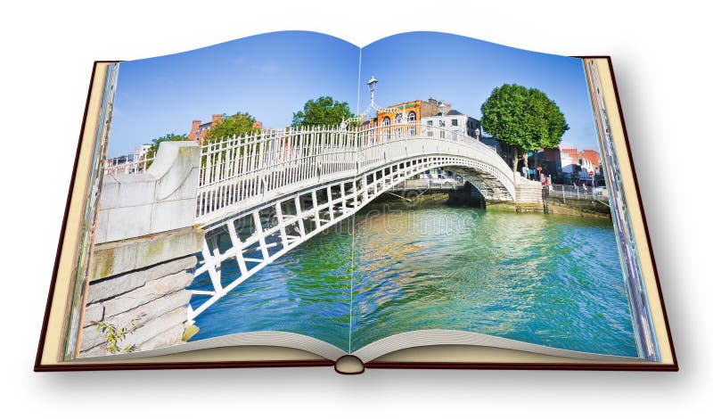 The most famous bridge in Dublin called Half penny bridge due to the toll charged for the passage - 3D render opened photo book isolated on white background. The most famous bridge in Dublin called Half penny bridge due to the toll charged for the passage - 3D render opened photo book isolated on white background.