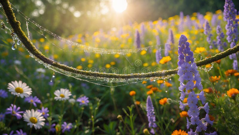 Η πρωινή δροσιά πέφτει στο Spiderweb πάνω από τα άνθη ελεύθερη απεικόνιση δικαιώματος