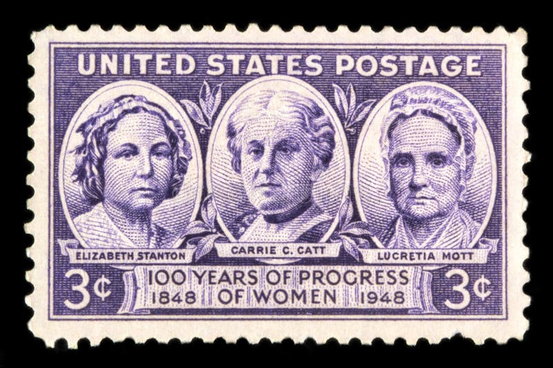 A wonderful celebration in our nations history! Issued on July 19, 1948, issue number#959. In a wonderful shade of toilet or purple, this stamps honors 100 years of womenâ€™s progress. The stamp pictures Elizabeth Stanton, Carrie C. Catt, and Lucretia Mott. A wonderful celebration in our nations history! Issued on July 19, 1948, issue number#959. In a wonderful shade of toilet or purple, this stamps honors 100 years of womenâ€™s progress. The stamp pictures Elizabeth Stanton, Carrie C. Catt, and Lucretia Mott