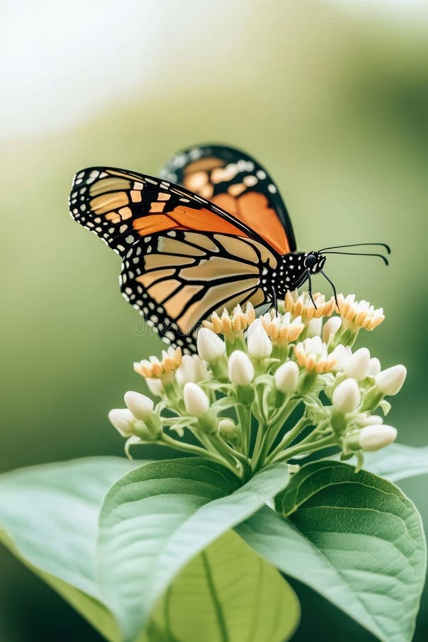 Η ριεταλούδα τη Monarch ριερνάει απαλά σε λευκά μπουμπούκια λουλουδιών ε πράσινα φύλλα θολό φόντο ομορφιά τη φύση στοκ φωτογραφία με δικαίωμα ελεύθερης χρήσης