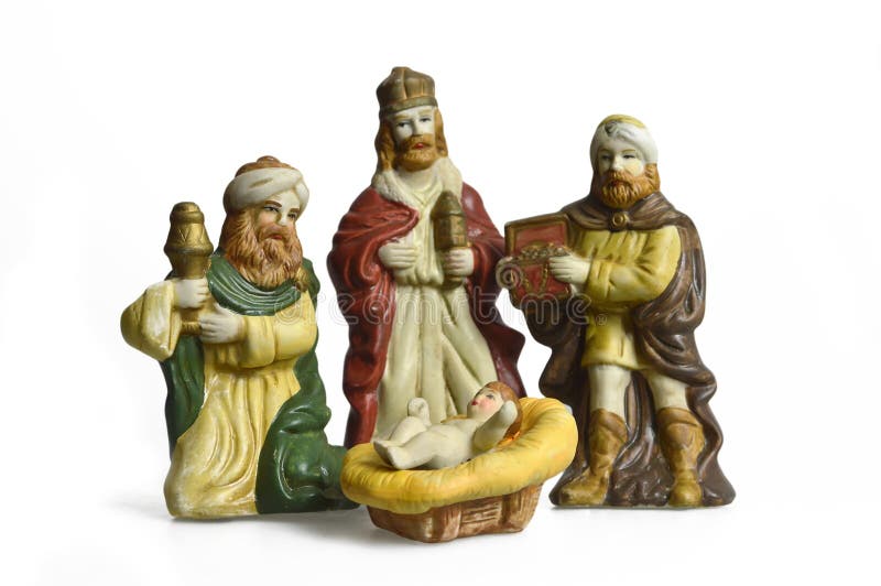 Η σκηνή nativity Χριστουγέννων με τρεις βασιλιάδες και μωρό Ιησούς απομόνωσε στο λευκό στοκ εικόνες με δικαίωμα ελεύθερης χρήσης Η σκηνή nativity Χριστουγέννων με τρεις βασιλιάδες και μωρό Ιησούς απομόνωσε στο λευκό στοκ εικόνες με δικαίωμα ελεύθερης χρήσης