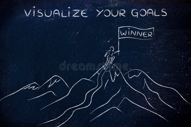 Visualize your goals: person who reached the top of a mountain holding a Winner banner. Visualize your goals: person who reached the top of a mountain holding a Winner banner
