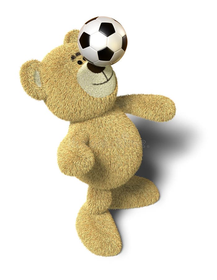 Teddy Bear stands with both feet on the ground, leans back and tries to balance a soccer ball on his nose. This image is isolated on a white background with soft shadows. Teddy Bear stands with both feet on the ground, leans back and tries to balance a soccer ball on his nose. This image is isolated on a white background with soft shadows.