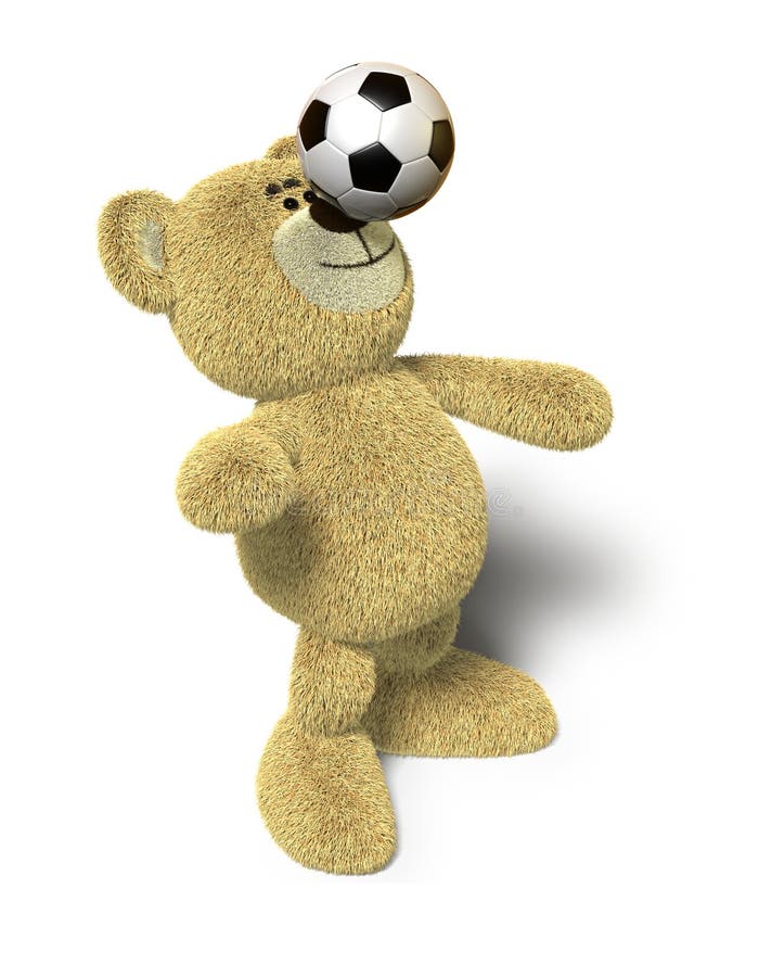 Teddy Bear stands with both feet on the ground, leans back and tries to balance a soccer ball on his nose. This image is isolated on a white background with soft shadows. Teddy Bear stands with both feet on the ground, leans back and tries to balance a soccer ball on his nose. This image is isolated on a white background with soft shadows.