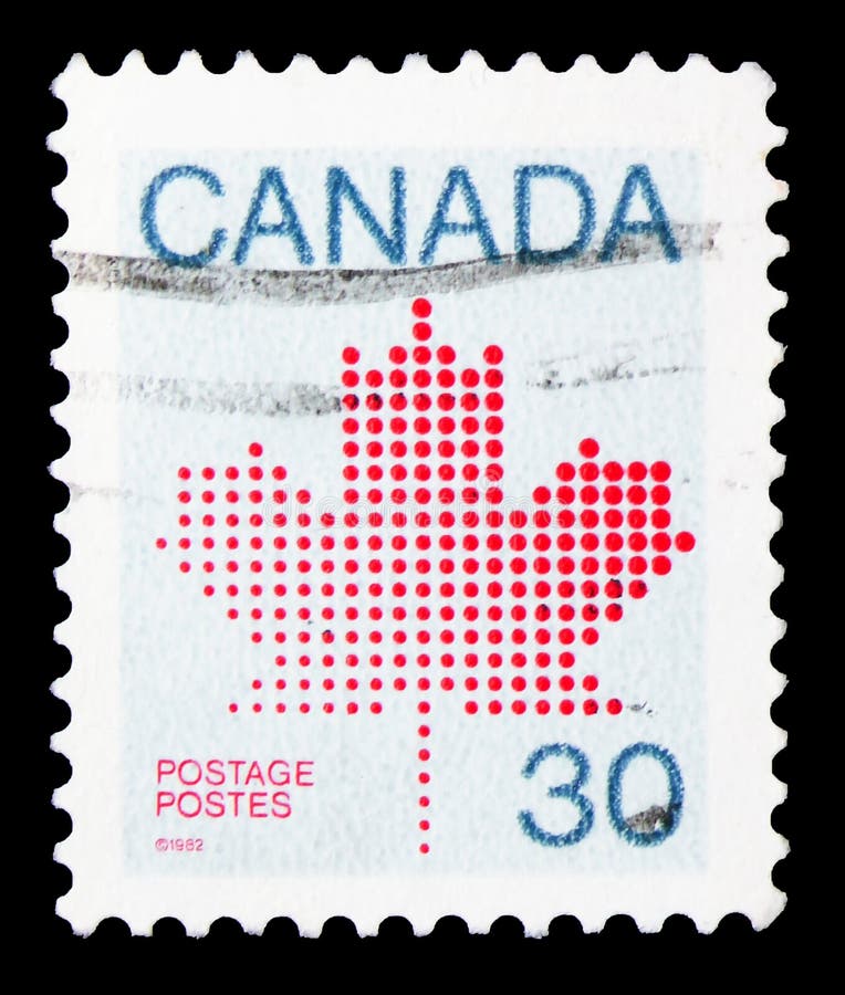 MOSCOW, RUSSIA - OCTOBER 1, 2019: Postage stamp printed in Canada shows Canadian Maple Leaf Emblem, 30 Â¢ - Canadian cent, Definitives 1981-84 Maple Leaf Emblem serie, circa 1982. MOSCOW, RUSSIA - OCTOBER 1, 2019: Postage stamp printed in Canada shows Canadian Maple Leaf Emblem, 30 Â¢ - Canadian cent, Definitives 1981-84 Maple Leaf Emblem serie, circa 1982