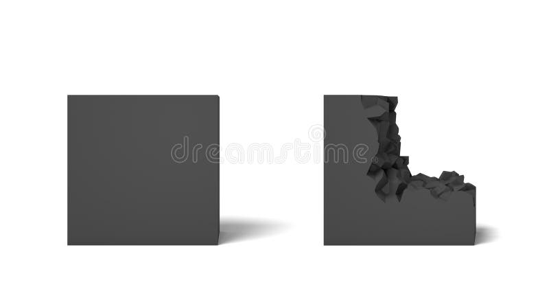 3d rendering of two isolated black squares one perfect and whole and another half broken. Complete and destroyed. Different states. Broken and whole. 3d rendering of two isolated black squares one perfect and whole and another half broken. Complete and destroyed. Different states. Broken and whole.