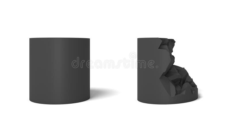 3d rendering of two isolated black cylinder one perfect and whole and another half broken. Complete and destroyed. Different states. Broken and whole. 3d rendering of two isolated black cylinder one perfect and whole and another half broken. Complete and destroyed. Different states. Broken and whole.