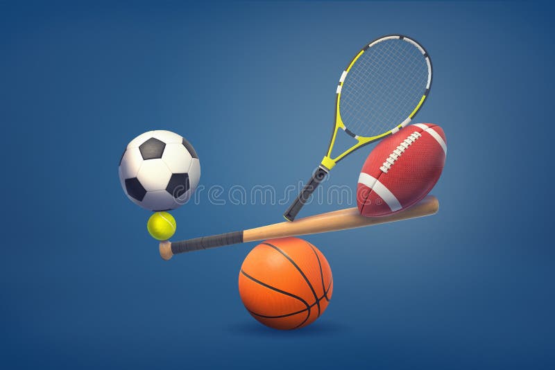 3d rendering of a baseball bat balances on a basketball ball and holds tennis ball, racquet, American football and soccer balls. Sport equipment. Choosing best training. Balancing athletic life. 3d rendering of a baseball bat balances on a basketball ball and holds tennis ball, racquet, American football and soccer balls. Sport equipment. Choosing best training. Balancing athletic life.