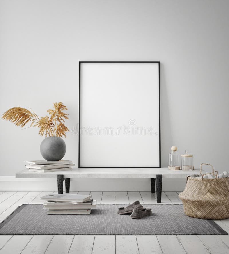 Mock up poster frame in hipster interior background, Scandinavian style, 3D render, 3D illustration. Mock up poster frame in hipster interior background, Scandinavian style, 3D render, 3D illustration