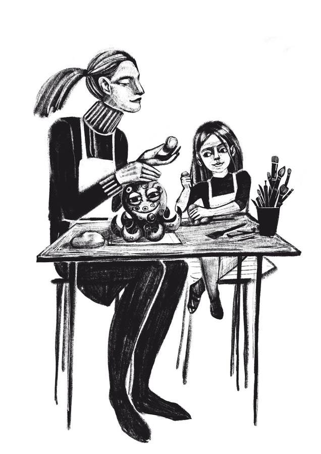 Digital raster illustration cute mother and daughter sit at the table and sculpt from clay in black color isolated objects on white background. Digital raster illustration cute mother and daughter sit at the table and sculpt from clay in black color isolated objects on white background