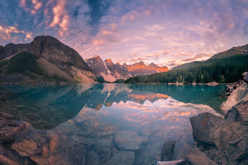 This is a super wide angle panorama of Moraine lake at Banff National Park, Canada. This is a super wide angle panorama of Moraine lake at Banff National Park, Canada.