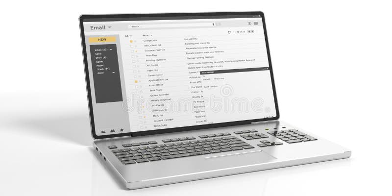 Ηλεκτρονικά ταχυδρομεία σε μια οθόνη lap-top που απομονώνεται στο άσπρο υπόβαθρο τρισδιάστατη απεικόνιση απεικόνιση αποθεμάτων Ηλεκτρονικά ταχυδρομεία σε μια οθόνη lap-top που απομονώνεται στο άσπρο υπόβαθρο τρισδιάστατη απεικόνιση απεικόνιση αποθεμάτων