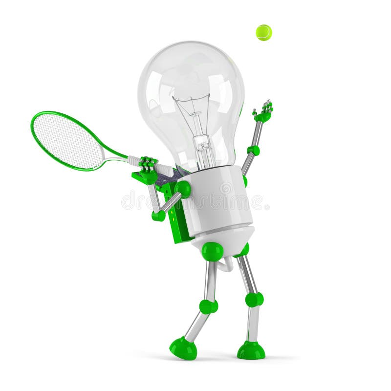 Solar powered light bulb robot - tennis - isolated on white background. Solar powered light bulb robot - tennis - isolated on white background